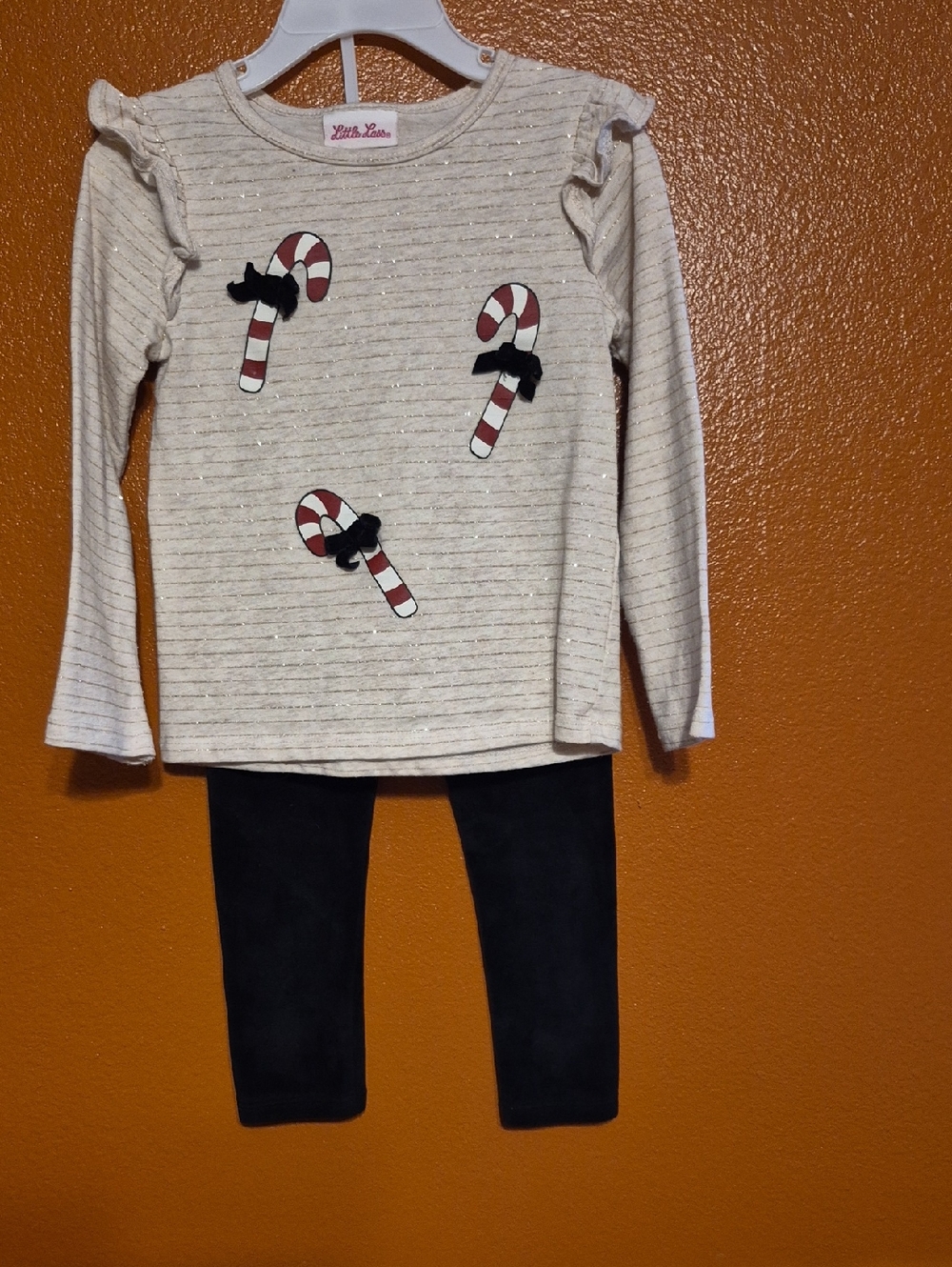 Little Lass Cream Glitter Stripe Top with Candy Cane Bows